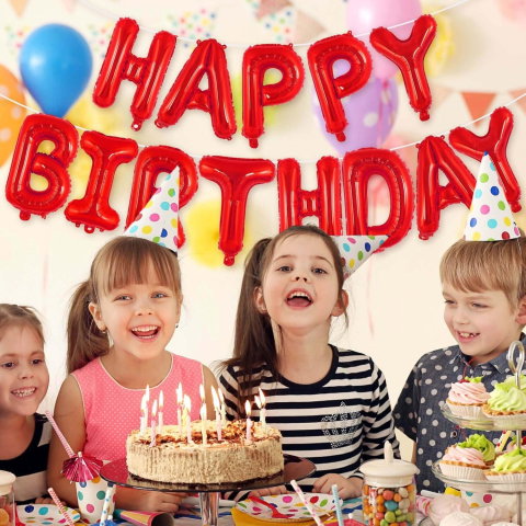 Import - Set Baloane din Folie Metalizata, Flippy, Model Happy Birthday, Litere de 40 cm, Baloane Party, Ambalaj Individual, Pai, Ata si Adeziv Incluse, Umflare cu Aer sau Heliu, Rosu