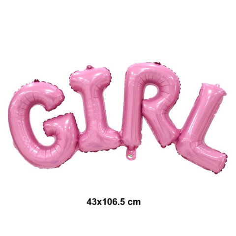 TeoMarket - Set Baloane din Folie Metalizată, Flippy, Model Scris Girl, 43x106.5 cm, Tematica Baby Shower, Baloane Party, Ambalaj Individual, Pai Inclus, Umflare cu Aer sau Heliu, Roz
