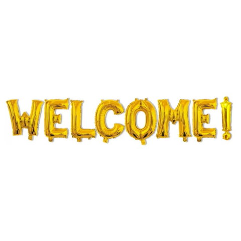 Import - Set Baloane din Folie Metalizata, Flippy, Model WELCOME!, Litere de 40 cm, Baloane Party, Ambalaj Individual, Pai Inclus, Umflare cu Aer sau Heliu, Auriu
