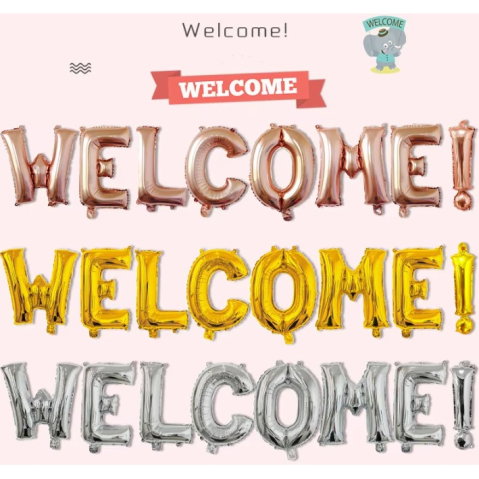 Import - Set Baloane din Folie Metalizata, Flippy, Model WELCOME!, Litere de 40 cm, Baloane Party, Ambalaj Individual, Pai Inclus, Umflare cu Aer sau Heliu, Auriu