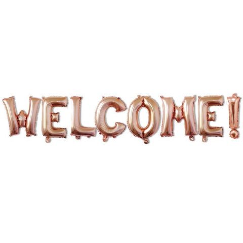 Import - Set Baloane din Folie Metalizata, Flippy, Model WELCOME!, Litere de 40 cm, Baloane Party, Ambalaj Individual, Pai Inclus, Umflare cu Aer sau Heliu, Roz