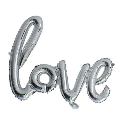 Seturi Baloane Folie - Set Baloane din Folie Metalizata, Model Love Scris de Mana, 102x65 cm, Baloane Ziua Indragostitilor, Ambalaj Individual, Pai inclus, Umflare cu Aer sau Heliu, Argintiu