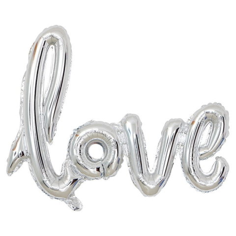 Import - Set Baloane din Folie Metalizata, Model Love Scris de Mana, 102x65 cm, Baloane Ziua Indragostitilor, Ambalaj Individual, Pai inclus, Umflare cu Aer sau Heliu, Argintiu