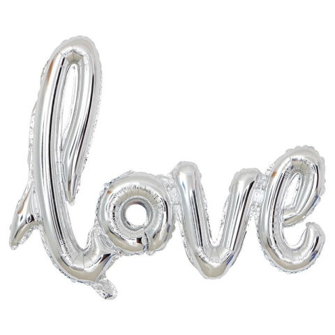Seturi Baloane Folie - Set Baloane din Folie Metalizata, Model Love Scris de Mana, 102x65 cm, Baloane Ziua Indragostitilor, Ambalaj Individual, Pai inclus, Umflare cu Aer sau Heliu, Argintiu