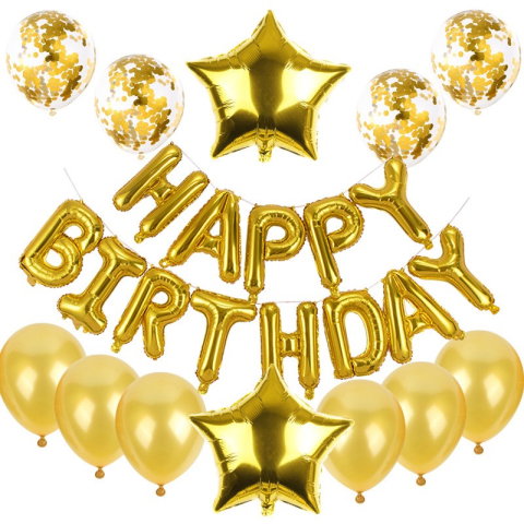 Import - Set baloane din folie metalizata si baloane din latex, baloane HAPPY BIRTHDAY, 4 baloane latex Confetti, 6 baloane latex Roz, 2 baloane folie Steluta, 40cm, Gold