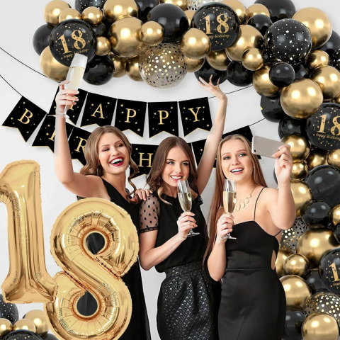 Best deals - Set Baloane Folie si Latex, Flippy, Tematica Aniversare Majorat, Baloane Latex, Figurine Cifrele 1 si 8, Ambalaj Individual, Pai Inclus, Umflare cu Aer sau Heliu, Auriu Negru