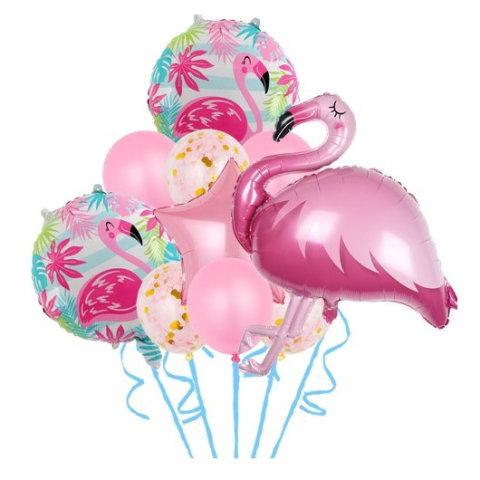 Import - Set Baloane party aniversare, Flippy, din Folie de aluminiu si Latex, set din 10 baloane Flamigo Party, 1 stea, 5 baloane latex, 2 rotunde, 60 -90 cm, Rose