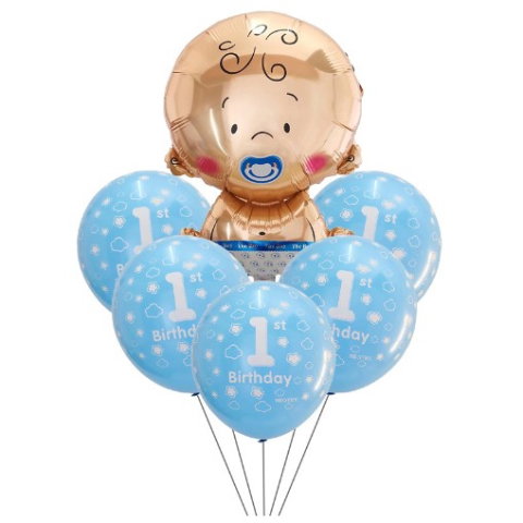 Import - Set baloane pentru fetite, Flippy, FIRST ANIVERSARY, 5 latex 1 Birthday, 1 balon folie din aluminu baby boy, 71 cm, Albastru