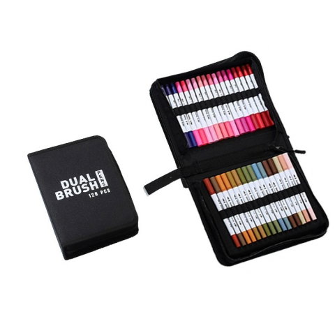 Import - Set Carioci pe Baza de Apa, Flippy, 2 in 1, pentru Pictura, Caligrafie, 120 Culori, Penar Negru, Corp Carioca Alb, 27.5 x 19.5 x 8 cm, Multicolor