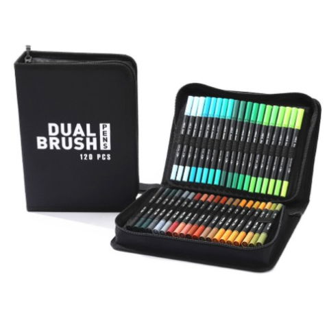 Markere si Set Desen - Set Carioci pe Baza de Apa, Flippy, 2 in 1, pentru Pictura, Caligrafie, 120 Culori, Penar Negru, Corp Carioca Negru, 27.5 x 19.5 x 8 cm, Multicolor