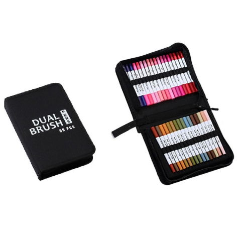 50 - 100 LEI - Set Carioci pe Baza de Apa, Flippy, 2 in 1, pentru Pictura, Caligrafie, 60 Culori, Penar Negru, Corp Carioca Alb, 26.5 x 17.5 x 4.5 cm, Multicolor