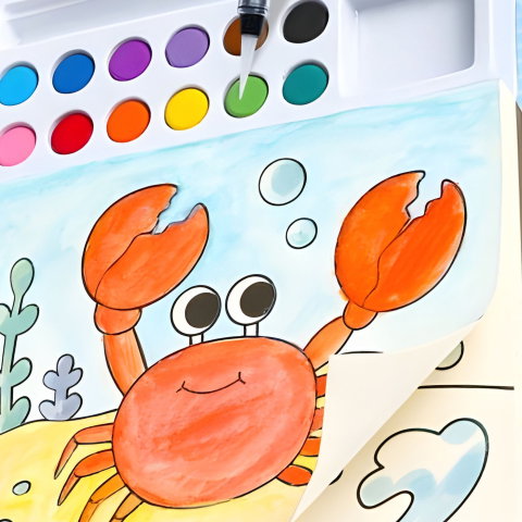 Import - Set Carte de Colorat cu Acuarela, Flippy, Model Balena, 20 Foi de Carton 200 gr, 12 Culori, 1 Pensula, 15.7 x 18.8 x 1.8 cm, Albastru