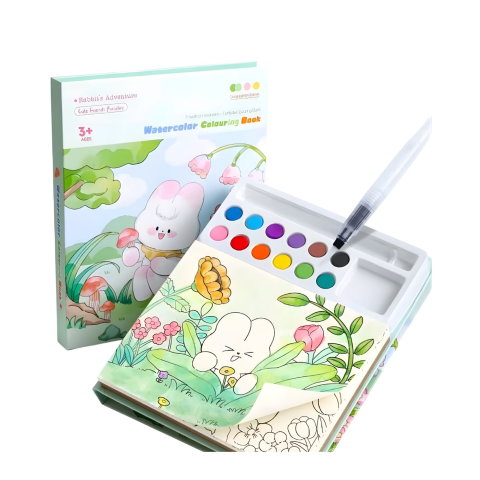 Import - Set Carte de Colorat cu Acuarela, Flippy, Model Iepure, 20 Foi de Carton 200 gr, 12 Culori, 1 Pensula, 15.7 x 18.8 x 1.8 cm, Alb