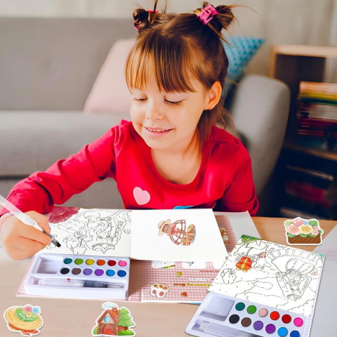 Import - Set Carte de Colorat cu Acuarela, Flippy, Model Printesa, 20 Foi de Carton 200 gr, 12 Culori, 1 Pensula, 15.7 x 18.8 x 1.8 cm, Roz deschis