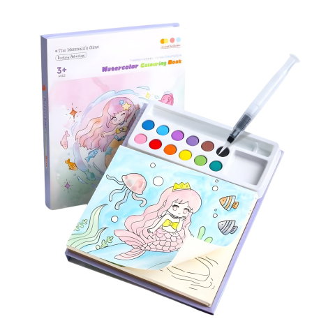 Import - Set Carte de Colorat cu Acuarela, Flippy, Model Sirena, 20 Foi de Carton 200 gr, 12 Culori, 1 Pensula, 15.7 x 18.8 x 1.8 cm, Roz