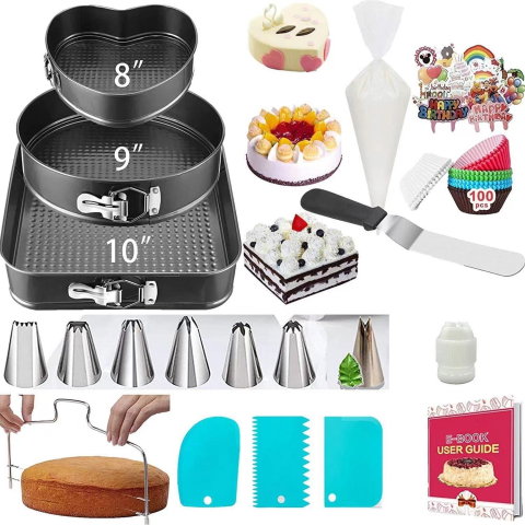 TeoMarket - Set de 216 Piese de Copt pentru Prajituri, Flippy, 3 Tavi de Copt, Nivelator, Forme Cupcake, Pos pentru Ornat cu 7 Capete, Feliator Tort, din Otel Inoxidabil, Multicolor