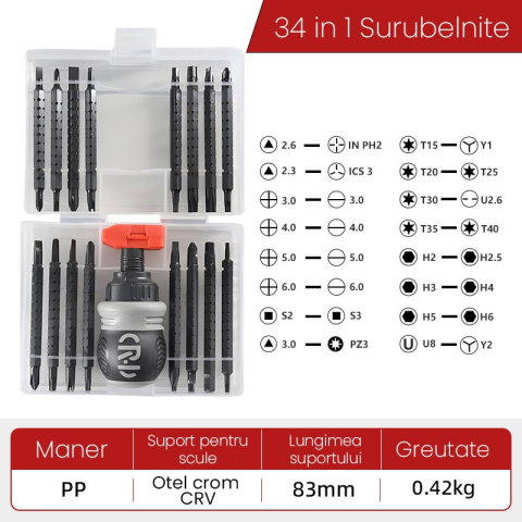Import - Set de Surubelnite 34-in-1 cu Clichet, Flippy, Set de Uz Casnic pentru Repararea Electronicelor Mici, Maner durabil, 12 x 10 x 5 cm, Negru Mat