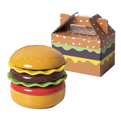 Pentru casa - Set Farfurii Ceramice sub Forma de Burger, din Ceramica, pentru Sosuri si Gustari, Mini Farfurii Stivuibile, Multicolor