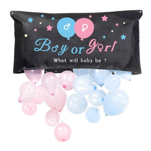 Import - Set Gender Reveal, Flippy, Balloon Drop Bag, din Plastic si Latex, 24 Baloane Roz si Albastru 13 cm, Sac pentru Baloane 60 x 120 cm, Multicolor