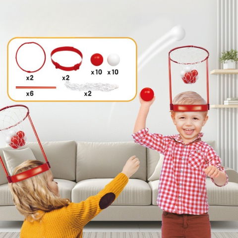 Jucarii interactive - Set Interactiv pentru Copii, Flippy, Joc cu Doua Cosuri de Baschet de Pus pe Cap, Joc Dublu, 20 de Mingi Albe si Rosii, Multicolor