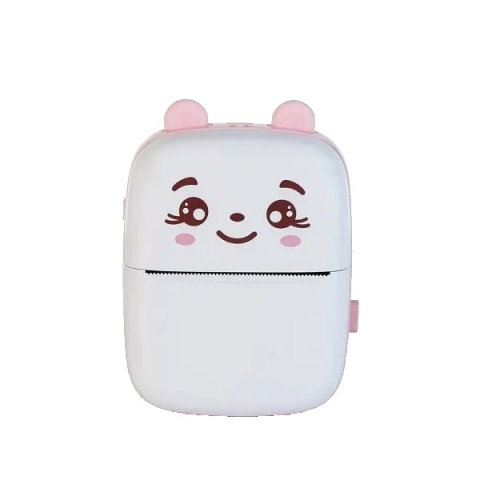 Import - Set Mini Imprimanta Foto Portabila, Flippy, Include: 1x Set de Markere, 5x Role de Hartie Termica, 5x Role Hartie Adeziva, Incarcare USB, Bluetooth, Print Alb-Negru, Model Ursulet, Alb/Roz