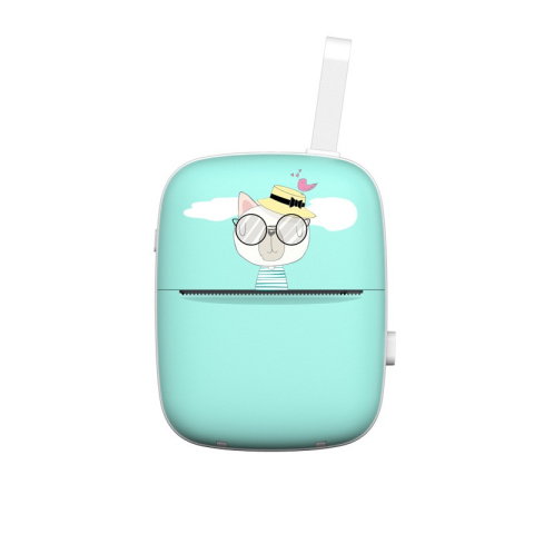 Import - Set Mini Imprimanta Foto Portabila, Flippy, Include: 1x Set de Markere, 5x Role de Hartie Termica, 5x Role Hartie Adeziva, Incarcare USB, Bluetooth, Print Alb-Negru, Model Pisica, Albastru