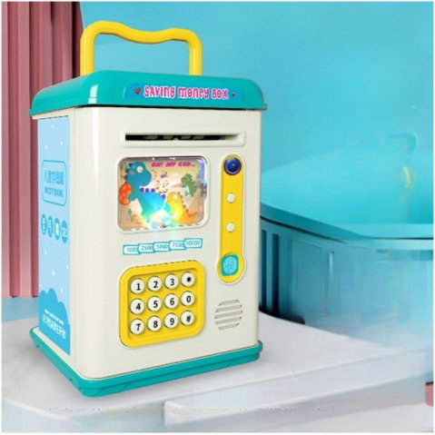 Import - Set Pusculita pentru Copii, Flippy, Tip ATM, Parola cu Amprenta, 13.5 x 11.5 x 20 cm, Albastru