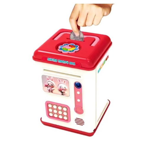 Import - Set Pusculita pentru Copii, Flippy, Tip ATM, Parola cu Amprenta, 13.5 x 11.5 x 20 cm, Roz