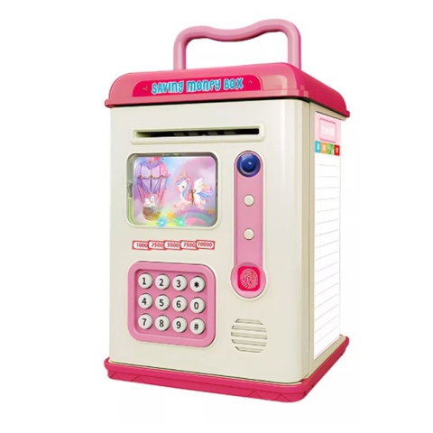 Import - Set Pusculita pentru Copii, Flippy, Tip ATM, Parola cu Amprenta, 13.5 x 11.5 x 20 cm, Roz