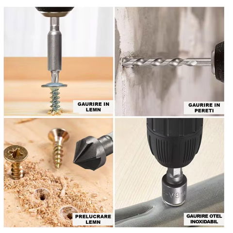 Casa si Bricolaj - Set Scule Profesionale, Flippy, Set 111 buc, Accesorii Multifunctionale pentru Gaurire si Insurubare, Burghie Lemn, Metal, Zidarie, Cutie Transport, 30 x 20 x 6 cm, Negru