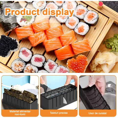 Import - Set ustensile pentru facut sushi Flippy, 10 piese, forma inima inclus, 3 forme clasice, extensibil, finisaj lucios, material ABS, curatare usoara, negru