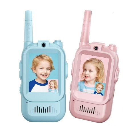 Import - Set Walkie Talkie WiFi pentru Copii, Flippy, Set 2 Statii, Apeluri Video, cu Ecran de 2", Efecte Voce, Reincarcabile, Cabluri TYPE-C, Raza pana la 500 m, 12 x 5 x 2 cm, Roz/Albastru