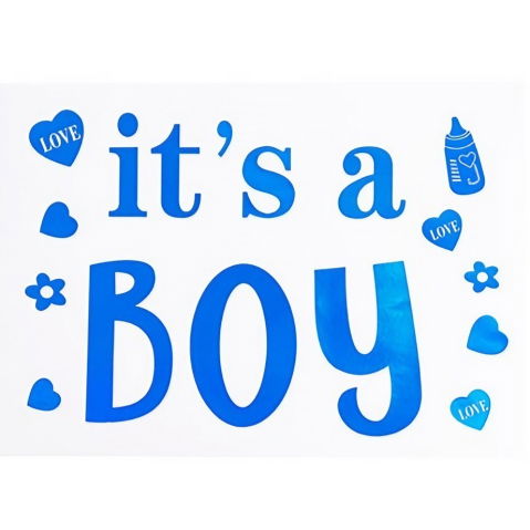 Tematica Fata/Baiat - Sticker Autocolant, Flippy, Tematica Gender Reveal, Model Scris It's a Boy, 19.5x27.5 cm, Albastru