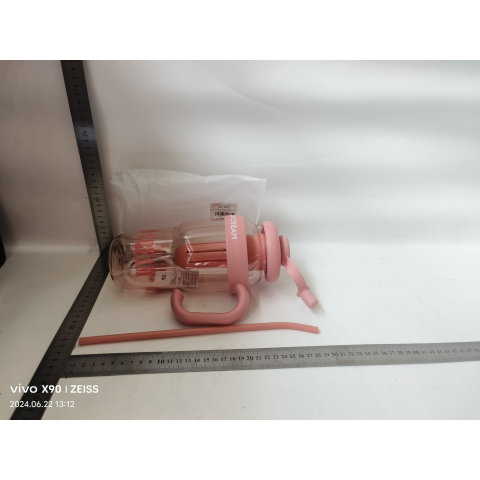 Import - Sticla de Apa, Flippy, Termica, Mentinere 6 Ore, 1400 mL, cu Pai si Capac, PP si Silicon, cu Maner Alb, 25.5x7.5 cm, Roz Deschis