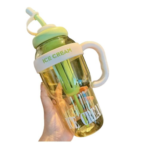 TeoMarket - Sticla de Apa, Flippy, Termica, Mentinere 6 Ore, 1400 mL, cu Pai si Capac, PP si Silicon, cu Maner Alb, 25.5x7.5 cm, Verde