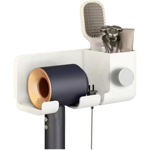 Import - Suport de Baie, Flippy, pentru Uscator de Par, cu Organizator Dublu, din Plastic, Aplicare cu Suport Adeziv, 23 x 8.8 x 9.5 cm, Alb