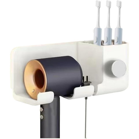 Import - Suport de Baie, Flippy, pentru Uscator de Par, cu Organizator Dublu, din Plastic, Aplicare cu Suport Adeziv, 23 x 8.8 x 9.5 cm, Alb