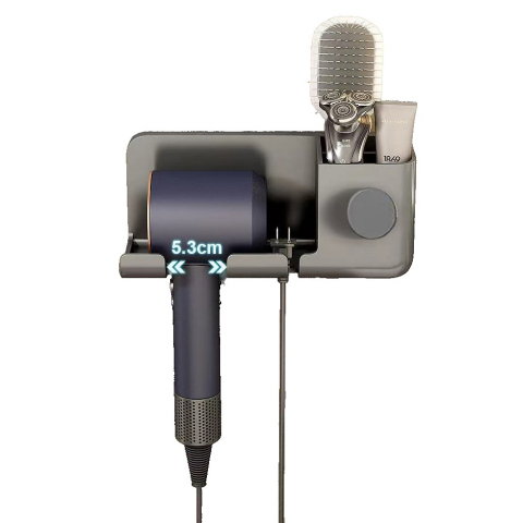 Import - Suport de Baie, Flippy, pentru Uscator de Par, cu Organizator Dublu, din Plastic, Aplicare cu Suport Adeziv, 23 x 8.8 x 9.5 cm, Gri