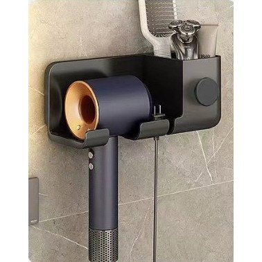 Import - Suport de Baie, Flippy, pentru Uscator de Par, cu Organizator Dublu, din Plastic, Aplicare cu Suport Adeziv, 23 x 8.8 x 9.5 cm, Negru