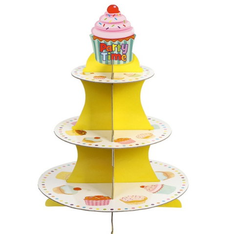 Import - Suport Prajituri, Flippy, 3 Etaje, Design de Petrecere, pentru Prajituri, Candy Bar, din Carton, Galben/Multicolor