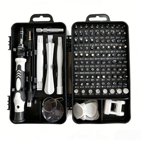 Import - Surubelnite pentru Reparea Telefoanelor, Flippy, Set 115-in-1 Cromate, Demontarea Repararea Ceasurilor, Electronicelor Mici, Maner detalii Albe, 18 x 11 x 6 cm, Negru