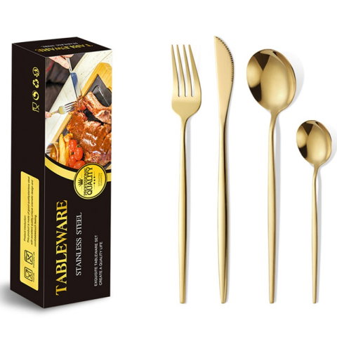 Import - Tacamuri Portugheze, Flippy, Set din 24 de Piese din Otel Inoxidabil, 6 Cutie, 6 Furculite, 6 Linguri de Masa, 6 Linguri pentru Ceai, Auriu