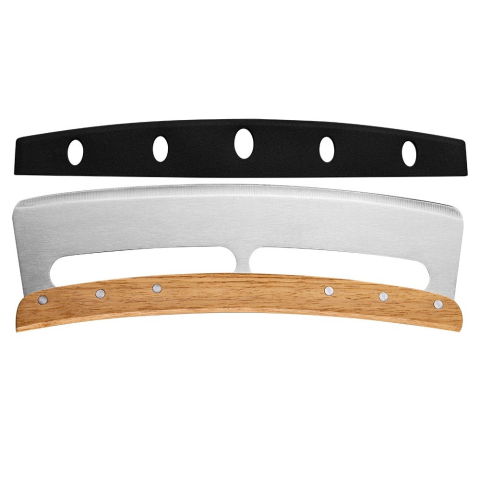 Ustensile pentru Bucătărie - Taietor Feliator de Pizza, Flippy, din Otel Inoxidabil, cu Capac, Maner din Lemn, Antialunecare, Lama Neteda si Ascutita, 34x10 cm, Maro