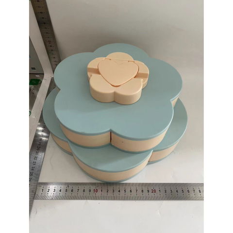 Organizatoare si Depozitare Bucatarie - Tava pentru Servire, Flippy, pentru Fructe / Legume / Snackuri, cu Sertare, Deschidere Rotativa, pe 2 Straturi, in Forma de Floare, 26 x 26 x 11.5 cm Albastru