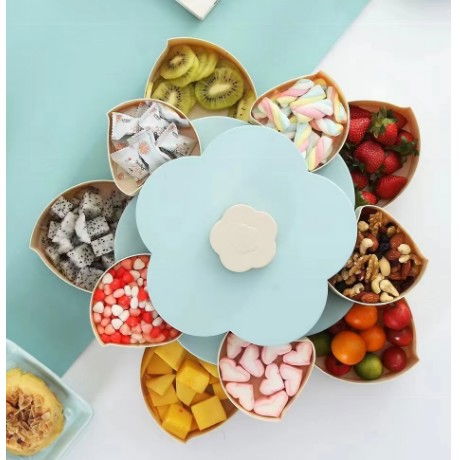 Organizatoare si Depozitare Bucatarie - Tava pentru Servire, Flippy, pentru Fructe / Legume / Snackuri, cu Sertare, Deschidere Rotativa, pe 2 Straturi, in Forma de Floare, 26 x 26 x 11.5 cm Albastru