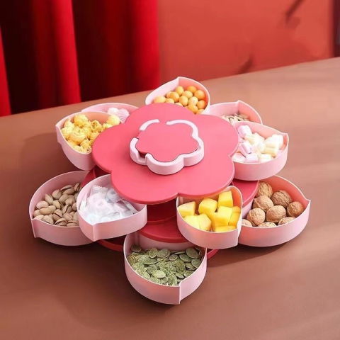 Organizatoare si Depozitare Bucatarie - Tava pentru Servire, Flippy, pentru Fructe / Legume / Snackuri, cu Sertare, Deschidere Rotativa, pe 2 Straturi, in Forma de Floare, 26 x 26 x 11.5 cm Roz