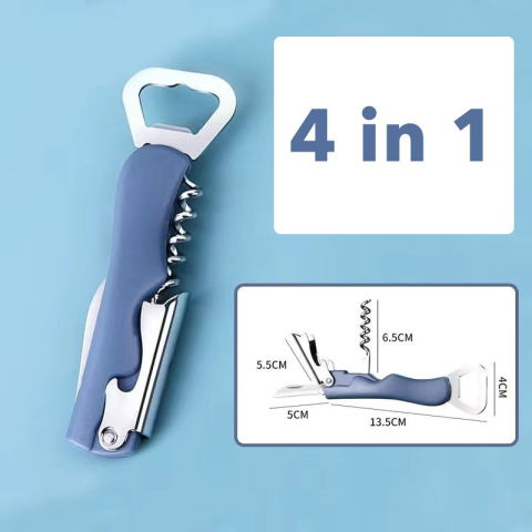 Ustensile pentru Bucătărie - Tirbuson de Sticle 4 in 1, Flippy, Desfacator de Sticle Multifunctional, din Inox cu Maner Anti Alunecare, 13.5 x 4 cm Albastru