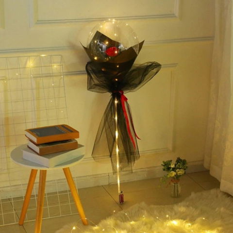 Diverse Casa - Trandafir in Balon LED cu Lumini, Flippy, Tip Buchet, Diametru 35 cm, Rosu