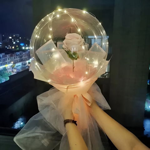 Diverse Casa - Trandafir in Balon LED cu Lumini, Flippy, Tip Buchet, Diametru 35 cm, Roz