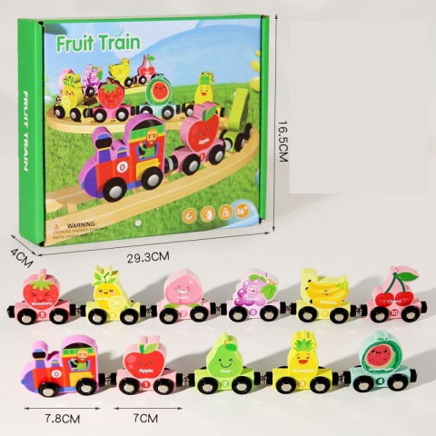 Jucarii interactive - Trenulet Magnetic, Flippy, din Lemn, Model 10 Fructe, +3 Ani, Jucarie de Asamblat, Multicolor